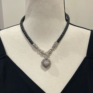 Judith Ripka Black Leather Cord with Sterling & CZ Heart 🖤🤍